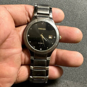 Embassy Mens Quartz Date Just Watch Gun Metal Black Dial Diamond Markers Working
